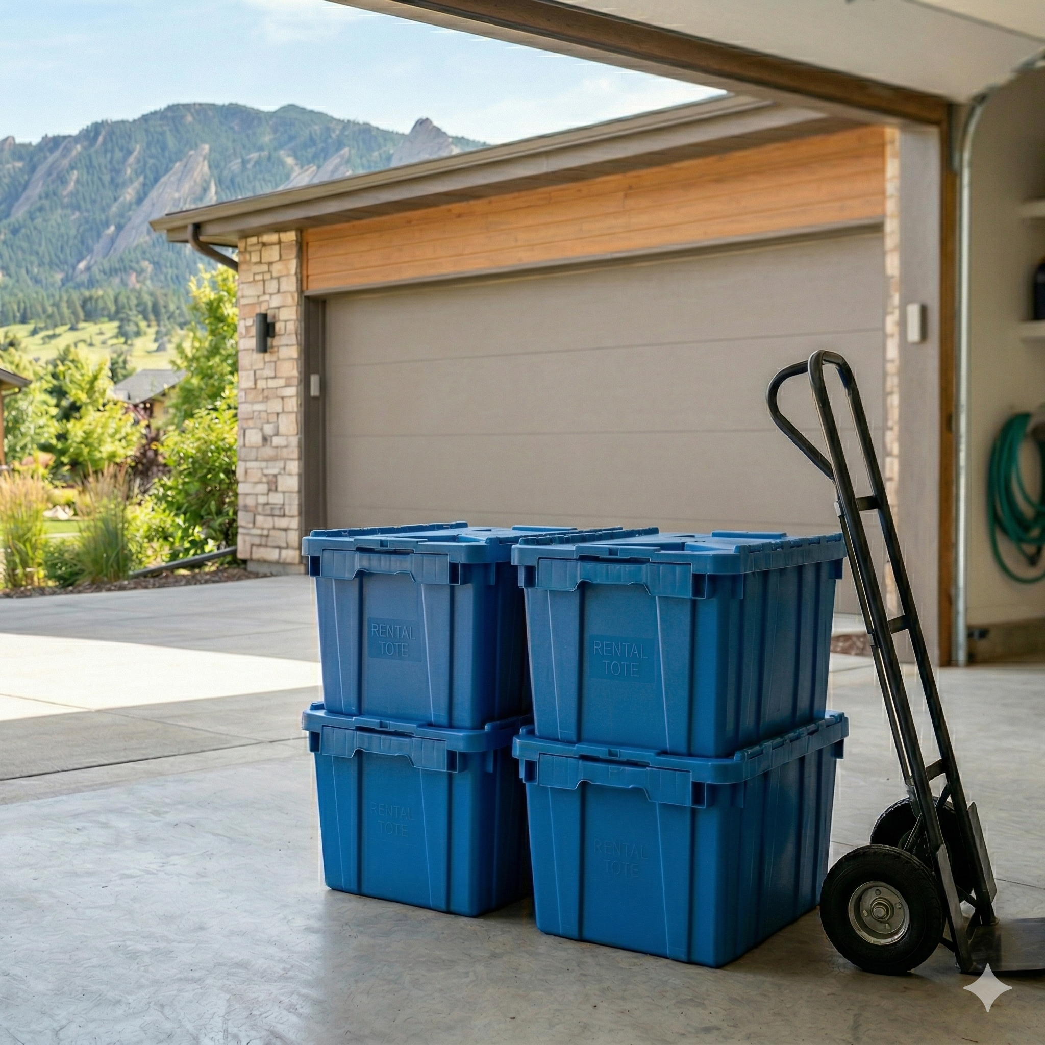 Stack of reusable moving totes on a Colorado front porch with Rocky Mountain views
